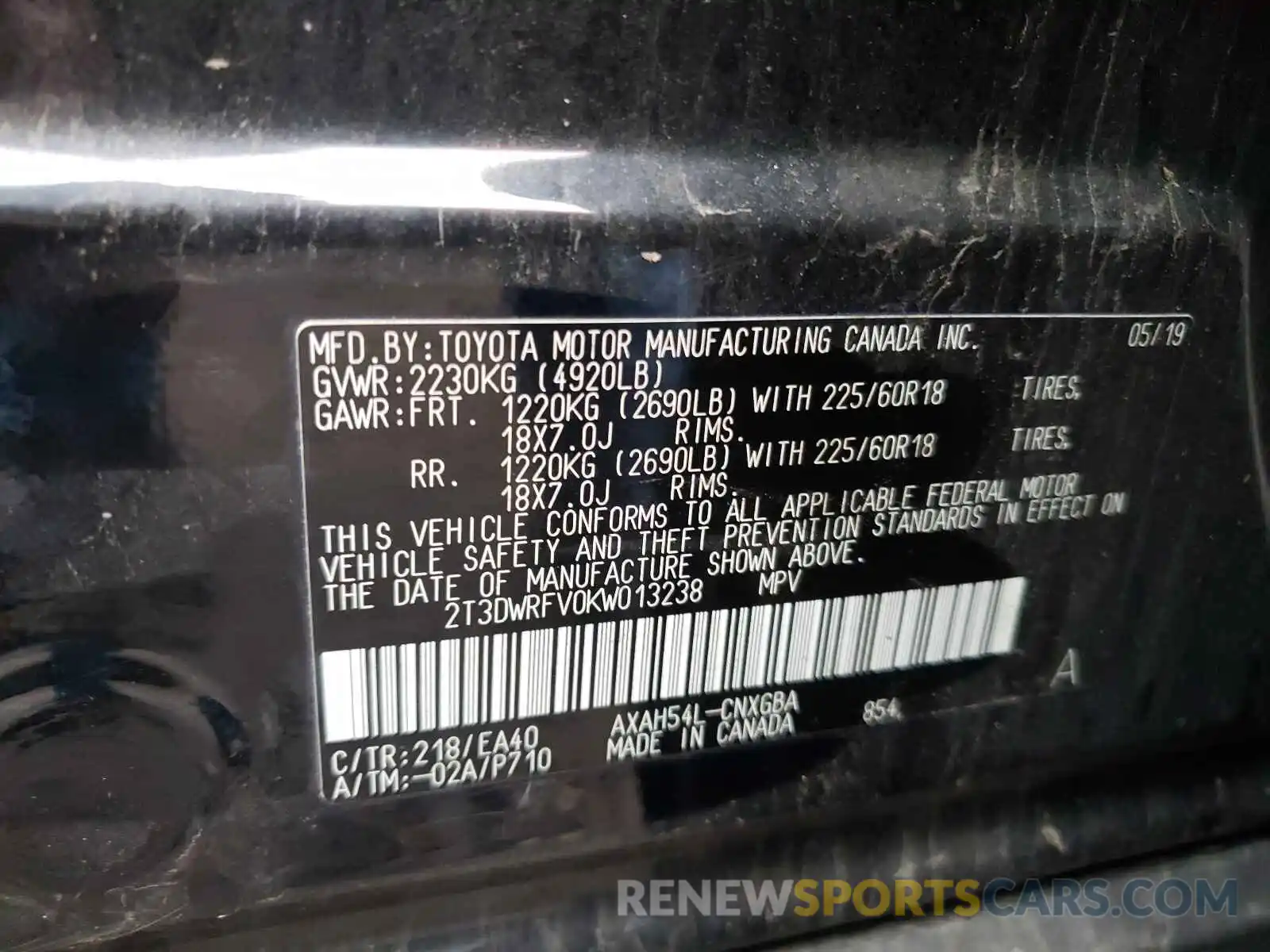 10 Photograph of a damaged car 2T3DWRFV0KW013238 TOYOTA RAV4 2019