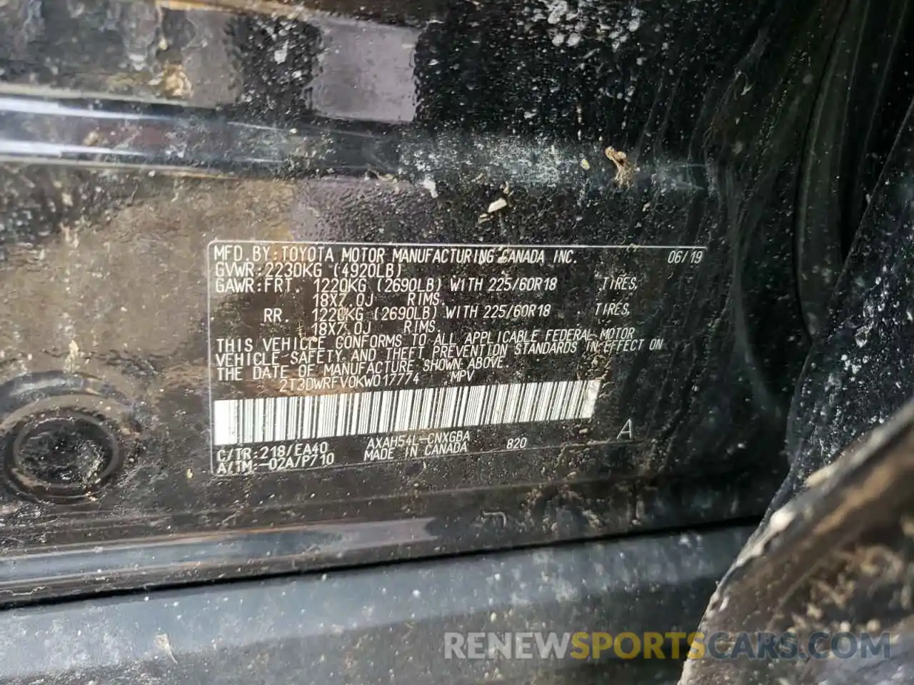 10 Photograph of a damaged car 2T3DWRFV0KW017774 TOYOTA RAV4 2019