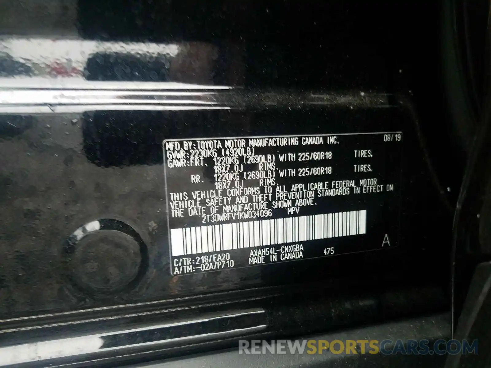 10 Photograph of a damaged car 2T3DWRFV1KW034096 TOYOTA RAV4 2019