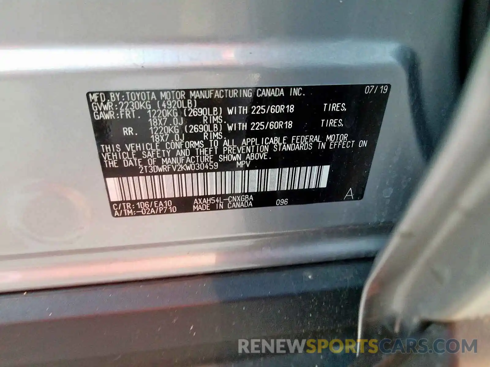 10 Photograph of a damaged car 2T3DWRFV2KW030459 TOYOTA RAV4 2019