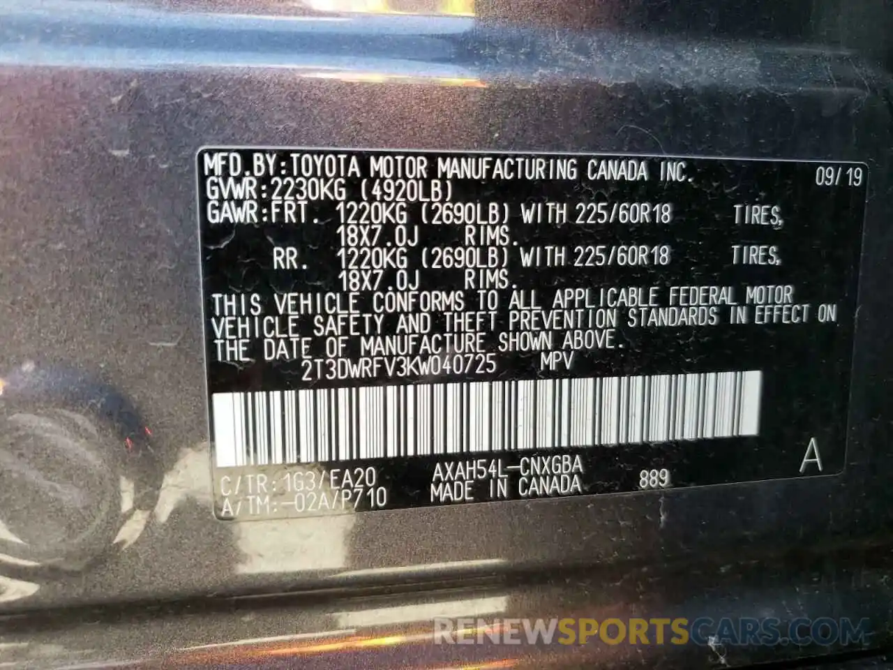 10 Photograph of a damaged car 2T3DWRFV3KW040725 TOYOTA RAV4 2019