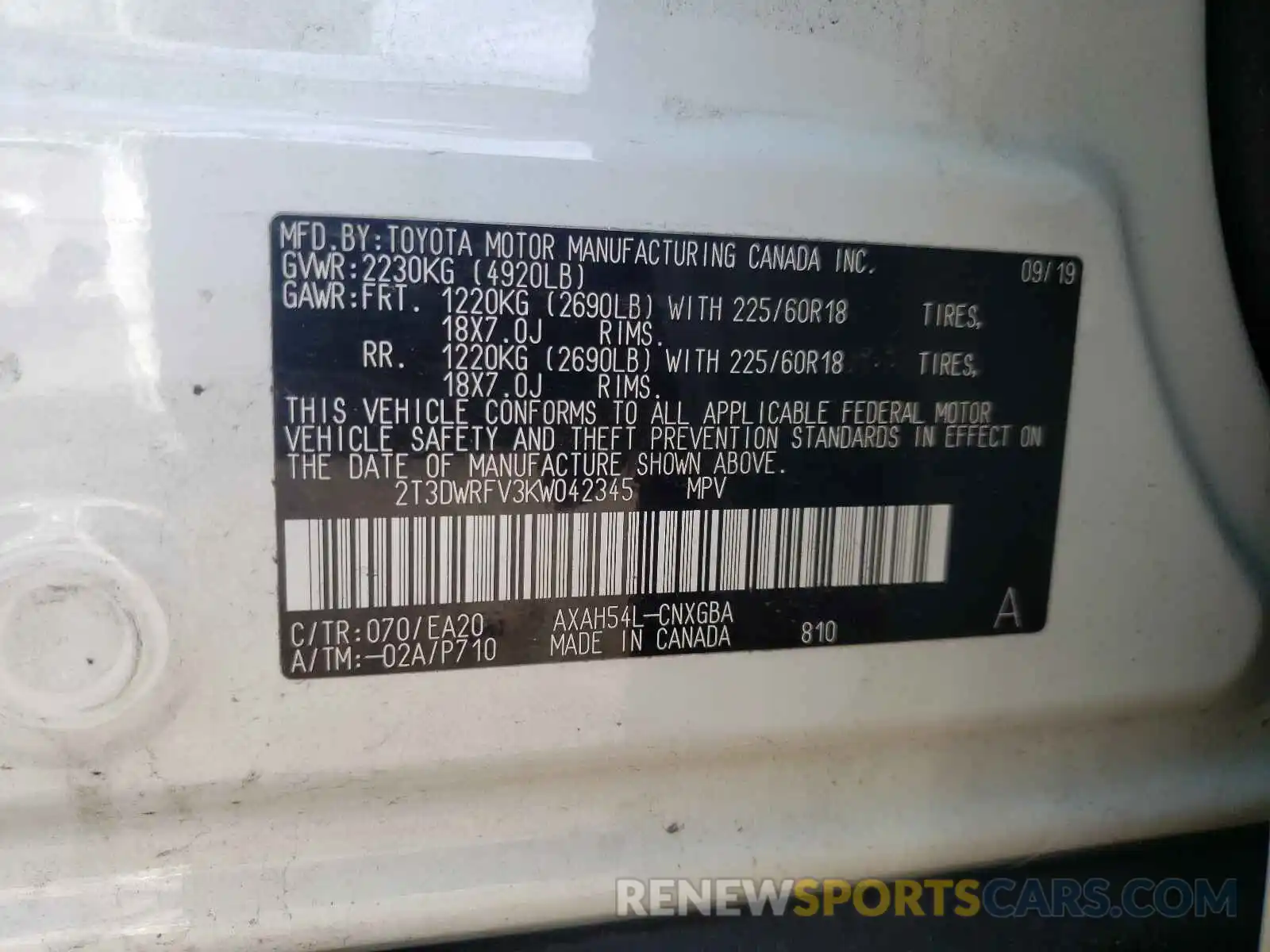 10 Photograph of a damaged car 2T3DWRFV3KW042345 TOYOTA RAV4 2019