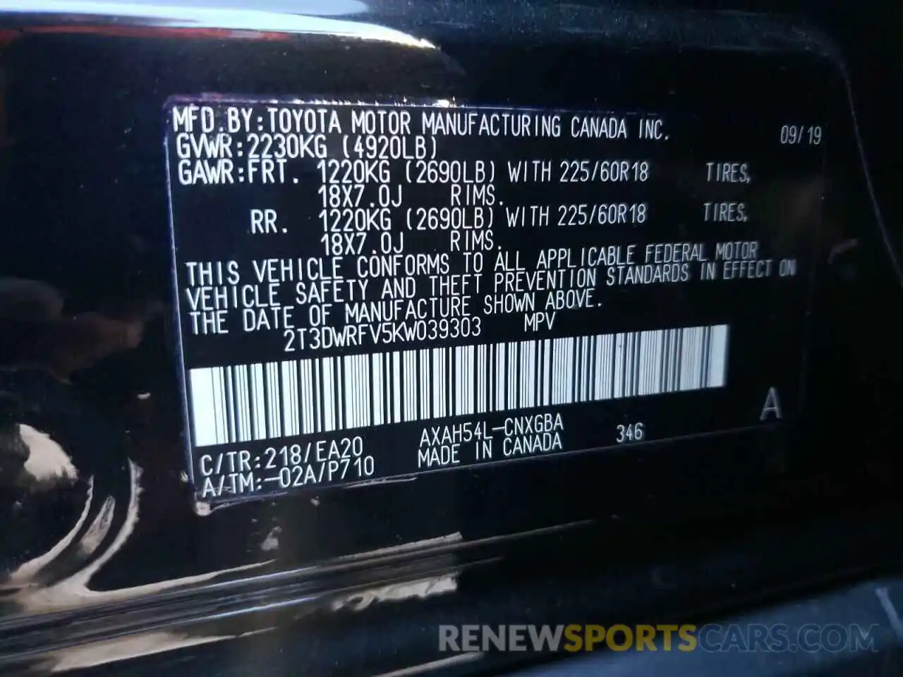 10 Photograph of a damaged car 2T3DWRFV5KW039303 TOYOTA RAV4 2019