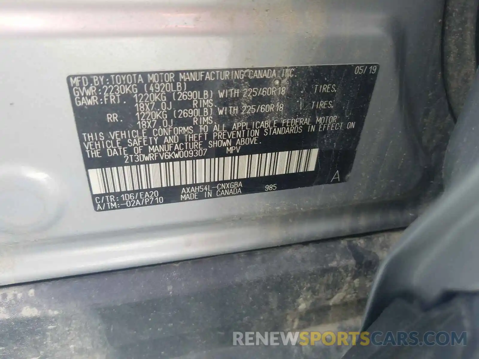 10 Photograph of a damaged car 2T3DWRFV6KW009307 TOYOTA RAV4 2019