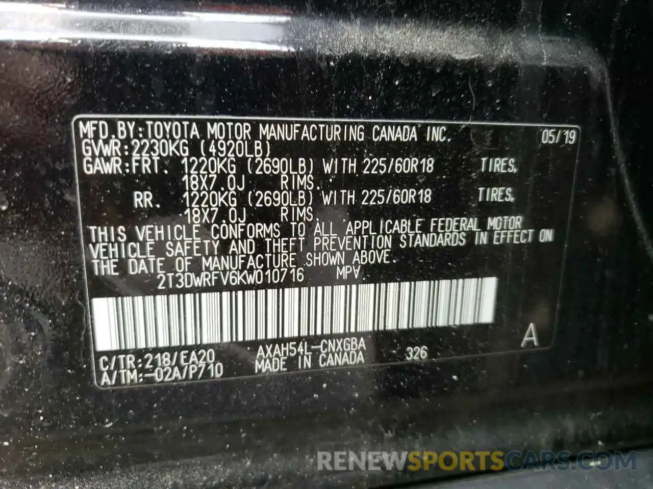 10 Photograph of a damaged car 2T3DWRFV6KW010716 TOYOTA RAV4 2019