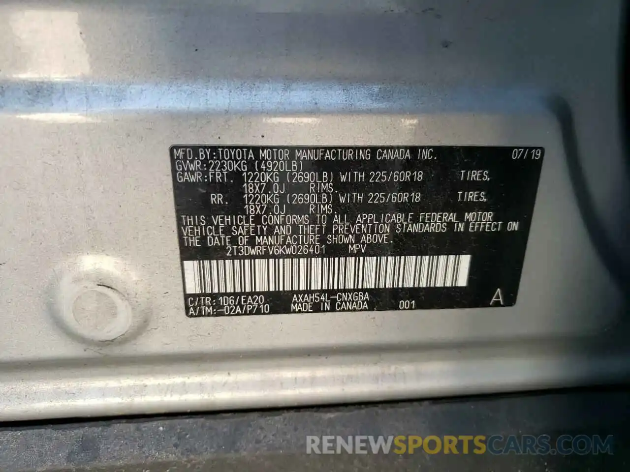 10 Photograph of a damaged car 2T3DWRFV6KW026401 TOYOTA RAV4 2019