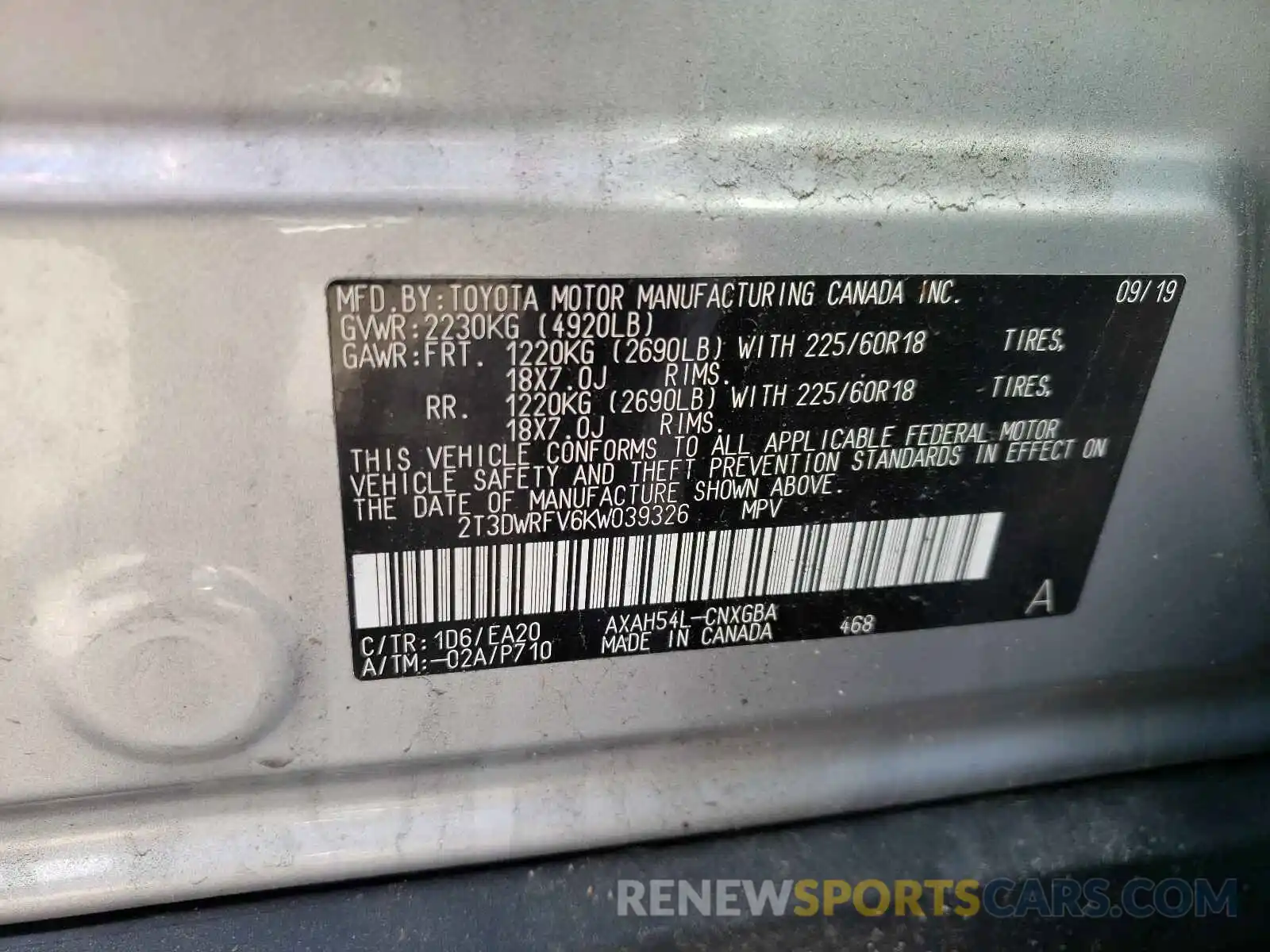 10 Photograph of a damaged car 2T3DWRFV6KW039326 TOYOTA RAV4 2019