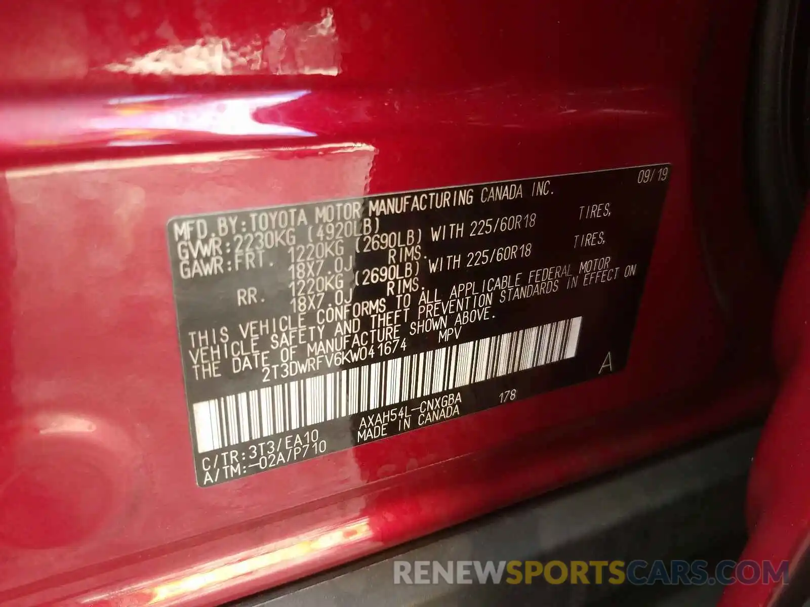 10 Photograph of a damaged car 2T3DWRFV6KW041674 TOYOTA RAV4 2019