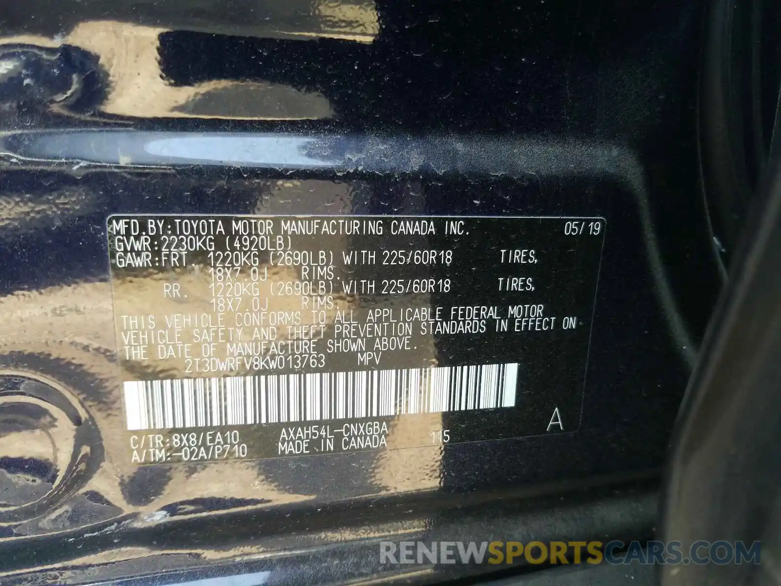 10 Photograph of a damaged car 2T3DWRFV8KW013763 TOYOTA RAV4 2019