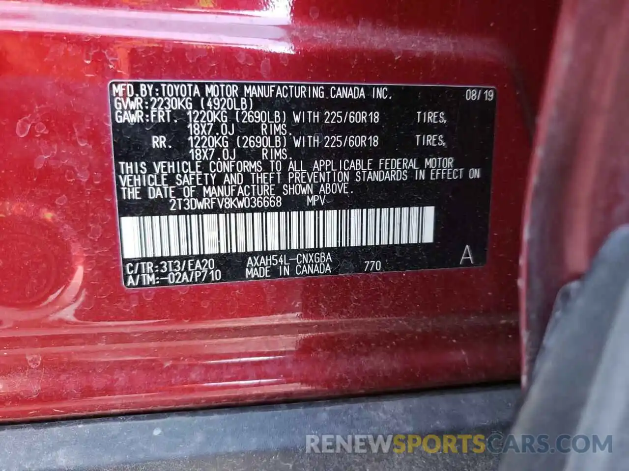 10 Photograph of a damaged car 2T3DWRFV8KW036668 TOYOTA RAV4 2019