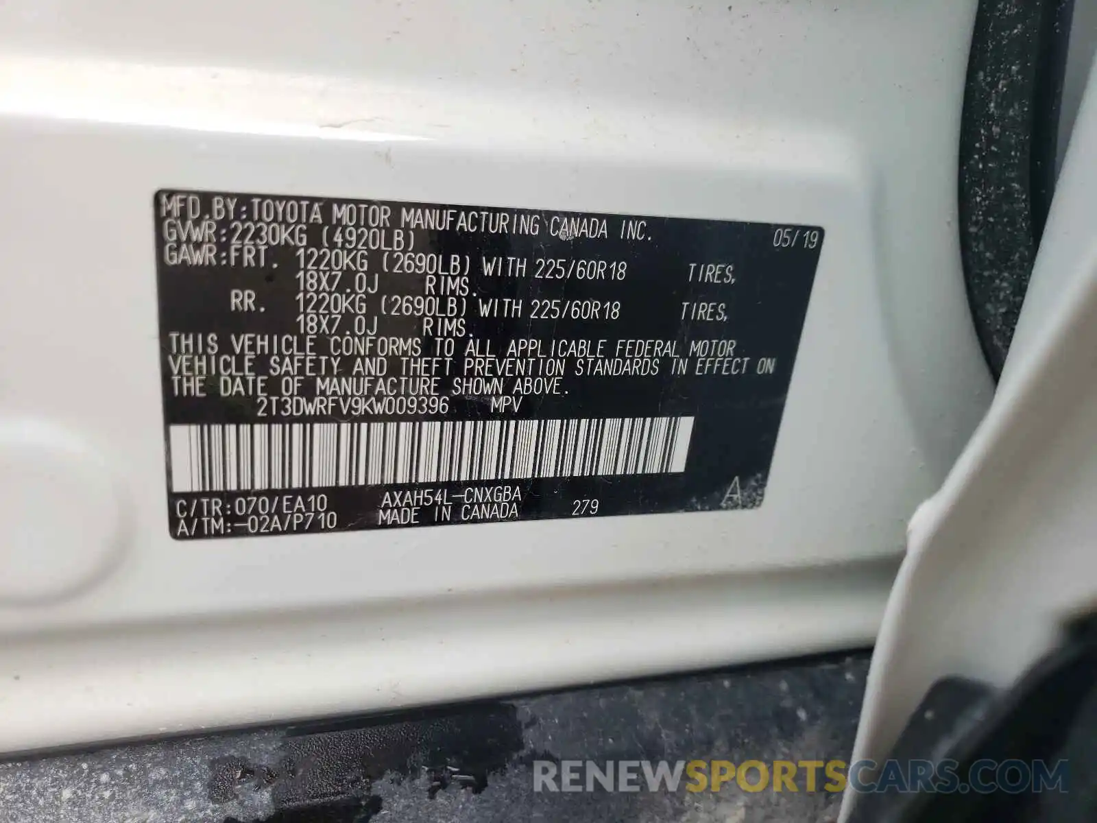 10 Photograph of a damaged car 2T3DWRFV9KW009396 TOYOTA RAV4 2019