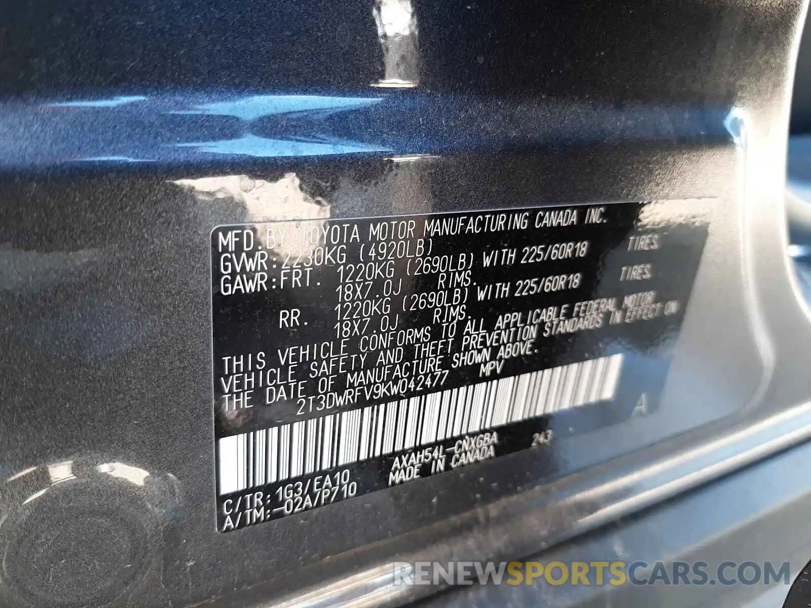 10 Photograph of a damaged car 2T3DWRFV9KW042477 TOYOTA RAV4 2019