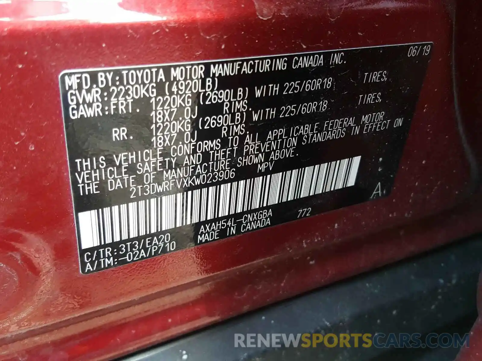 10 Photograph of a damaged car 2T3DWRFVXKW023906 TOYOTA RAV4 2019