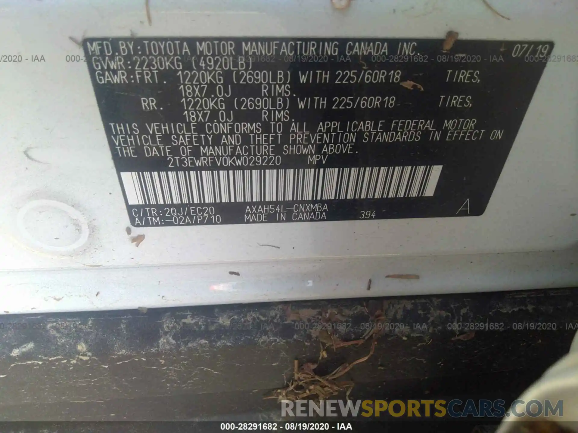 9 Photograph of a damaged car 2T3EWRFV0KW029220 TOYOTA RAV4 2019