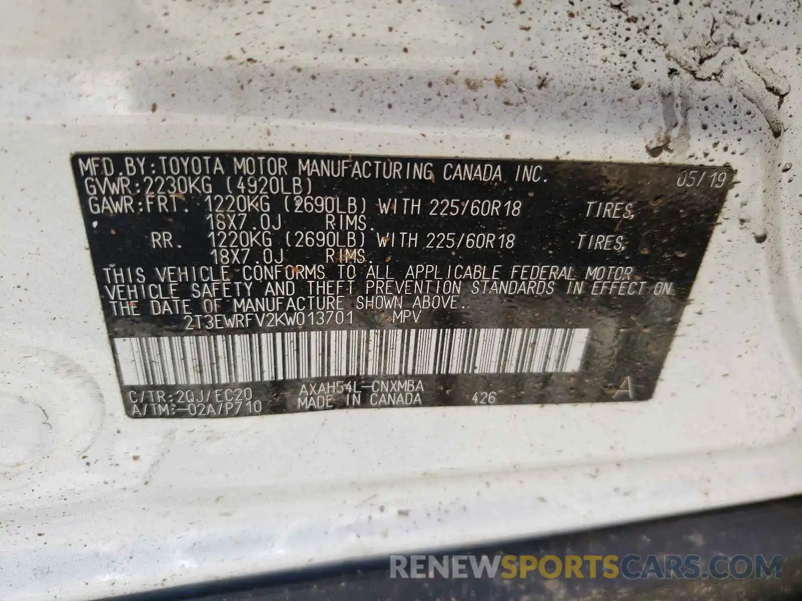 10 Photograph of a damaged car 2T3EWRFV2KW013701 TOYOTA RAV4 2019