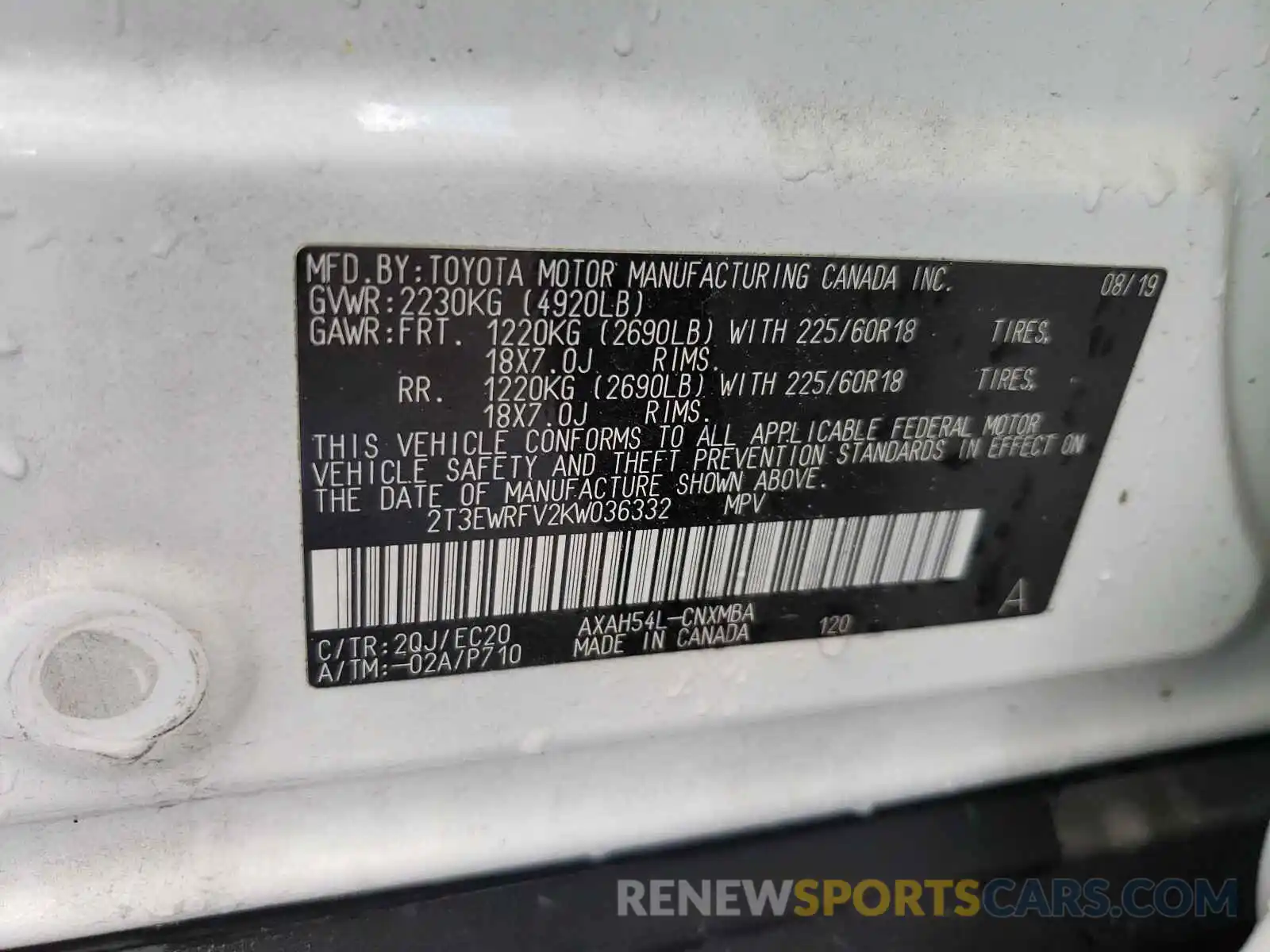 10 Photograph of a damaged car 2T3EWRFV2KW036332 TOYOTA RAV4 2019