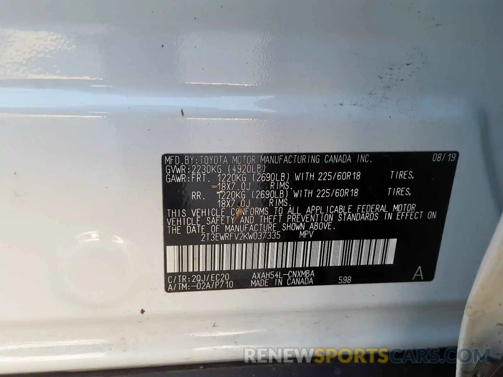 10 Фотография поврежденного автомобиля 2T3EWRFV2KW037335 TOYOTA RAV4 2019