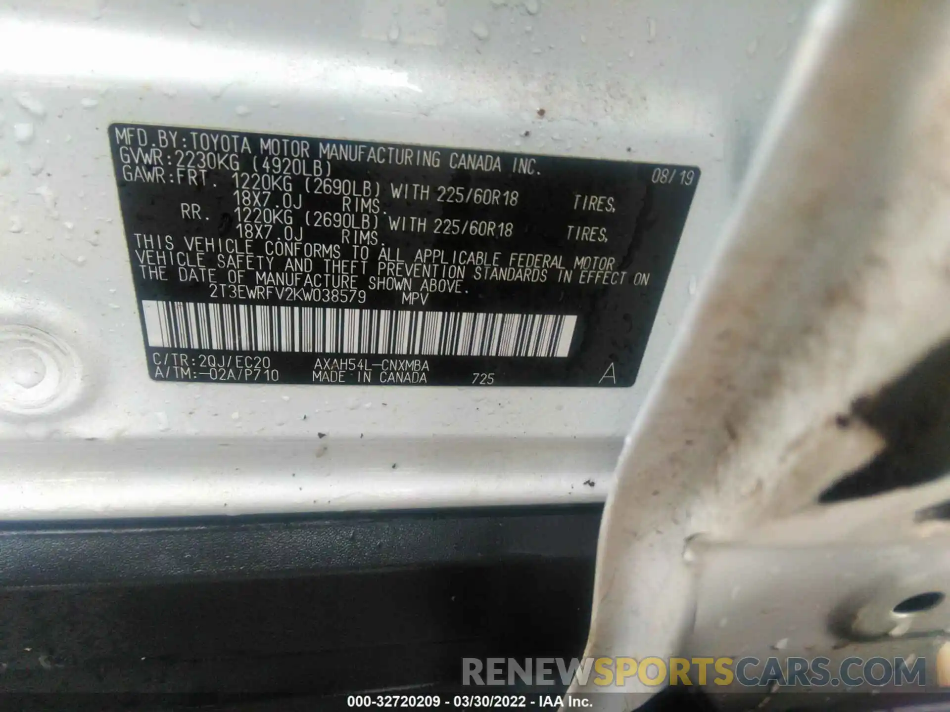 9 Photograph of a damaged car 2T3EWRFV2KW038579 TOYOTA RAV4 2019