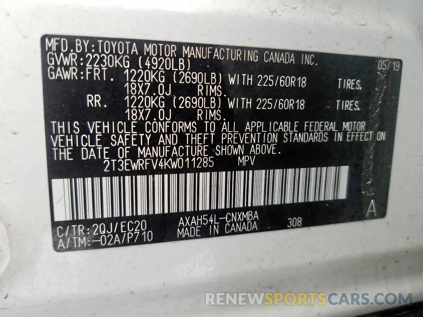 10 Фотография поврежденного автомобиля 2T3EWRFV4KW011285 TOYOTA RAV4 2019