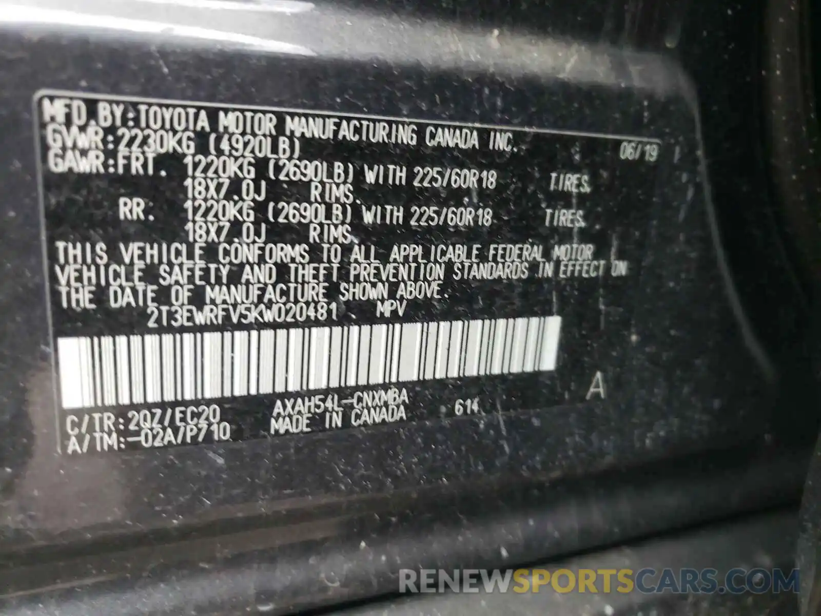 10 Photograph of a damaged car 2T3EWRFV5KW020481 TOYOTA RAV4 2019