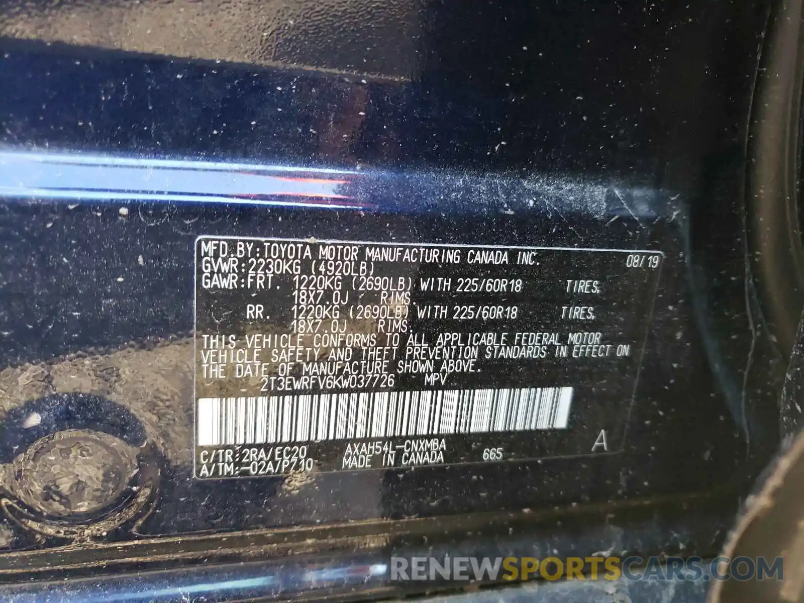 10 Photograph of a damaged car 2T3EWRFV6KW037726 TOYOTA RAV4 2019