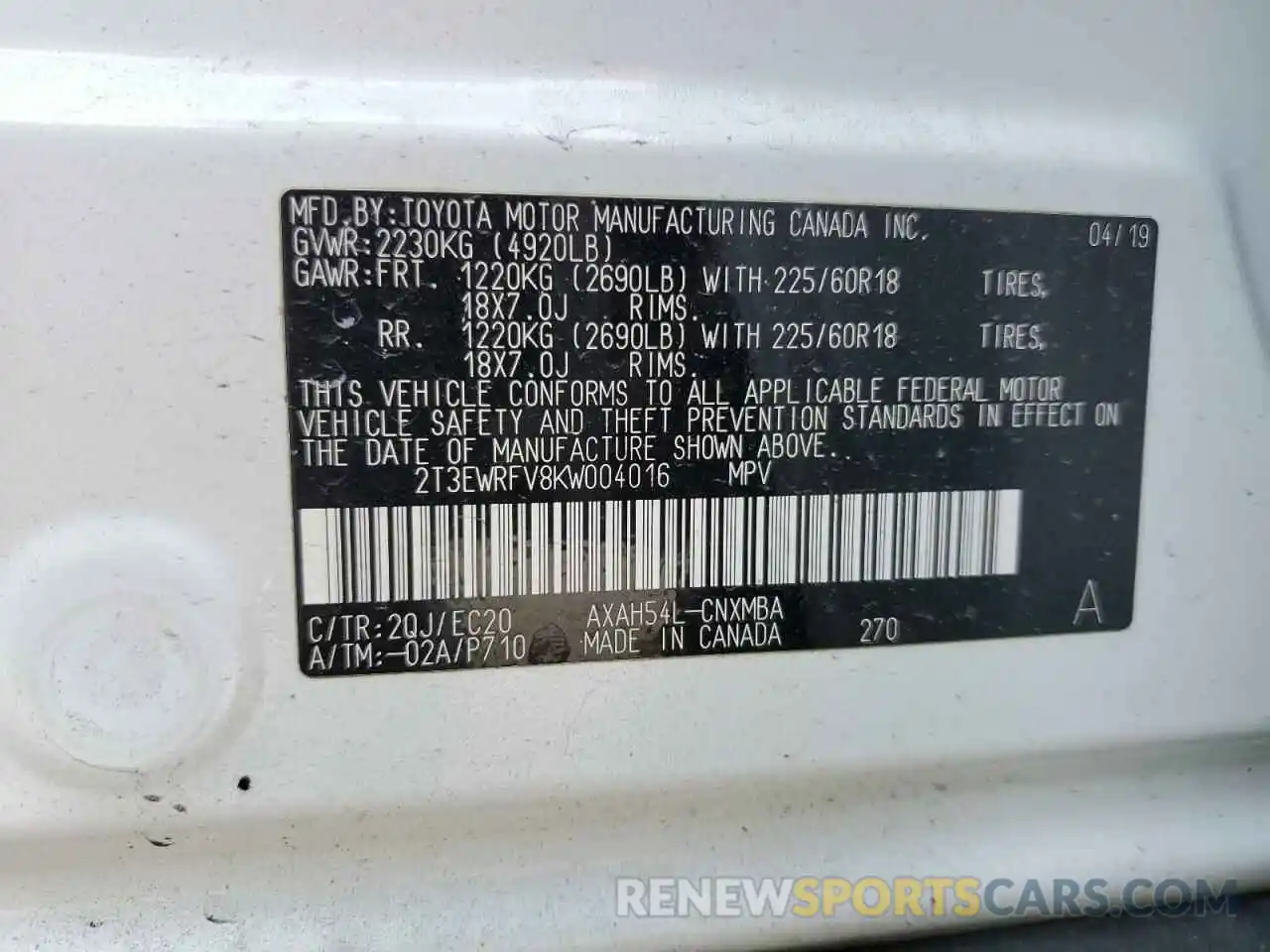 14 Photograph of a damaged car 2T3EWRFV8KW004016 TOYOTA RAV4 2019