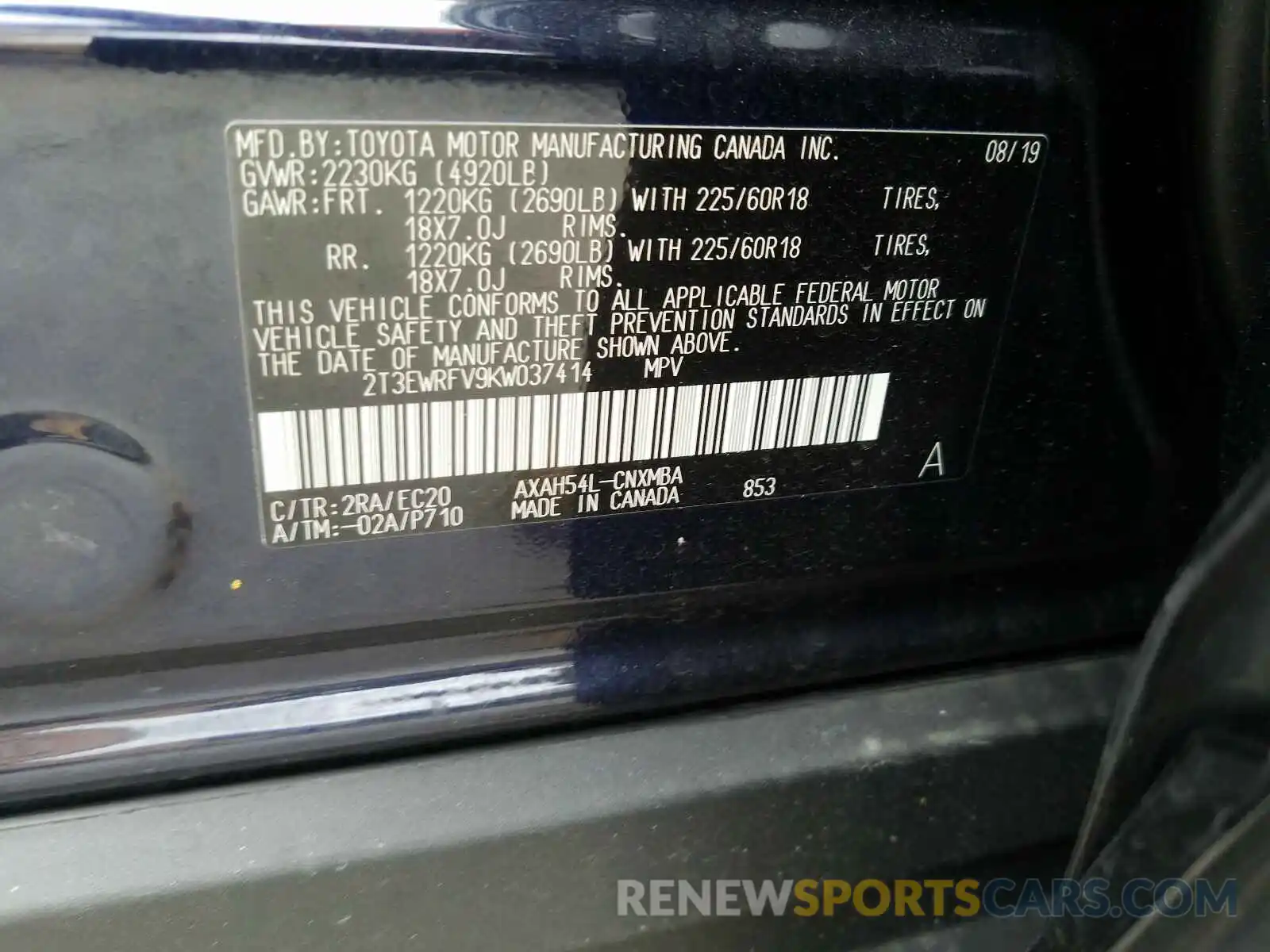 10 Photograph of a damaged car 2T3EWRFV9KW037414 TOYOTA RAV4 2019