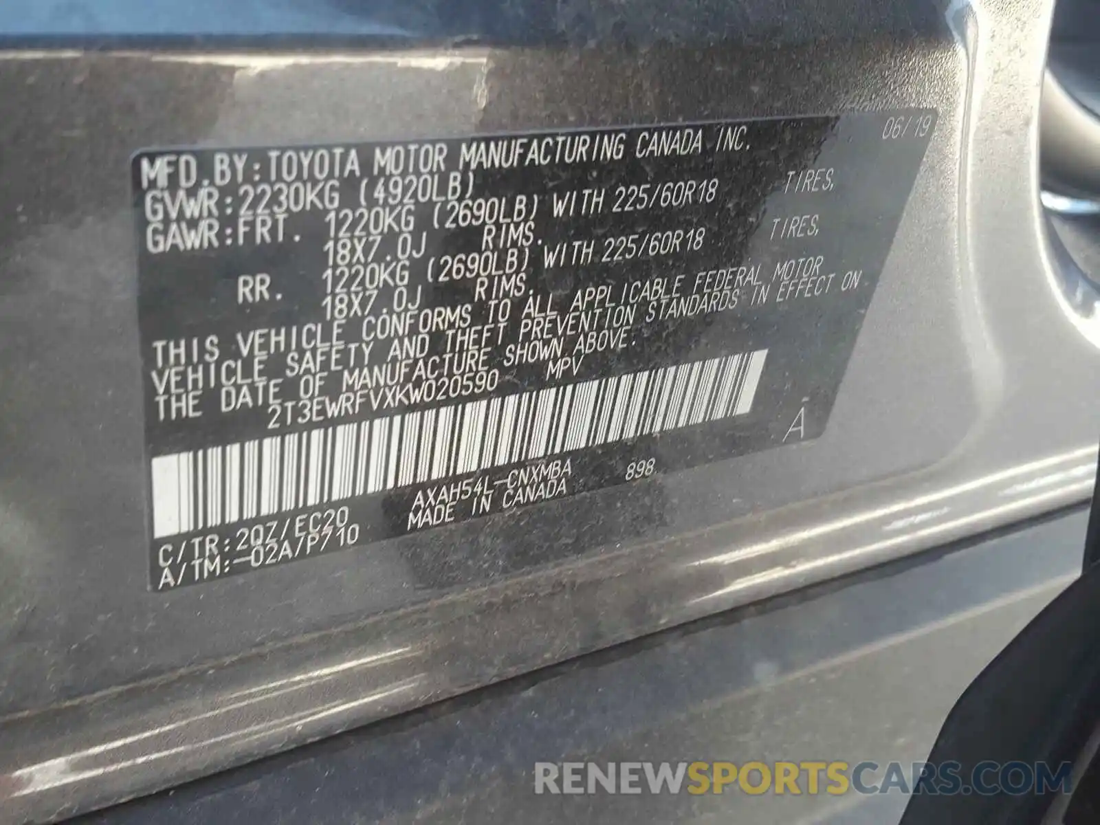 10 Photograph of a damaged car 2T3EWRFVXKW020590 TOYOTA RAV4 2019