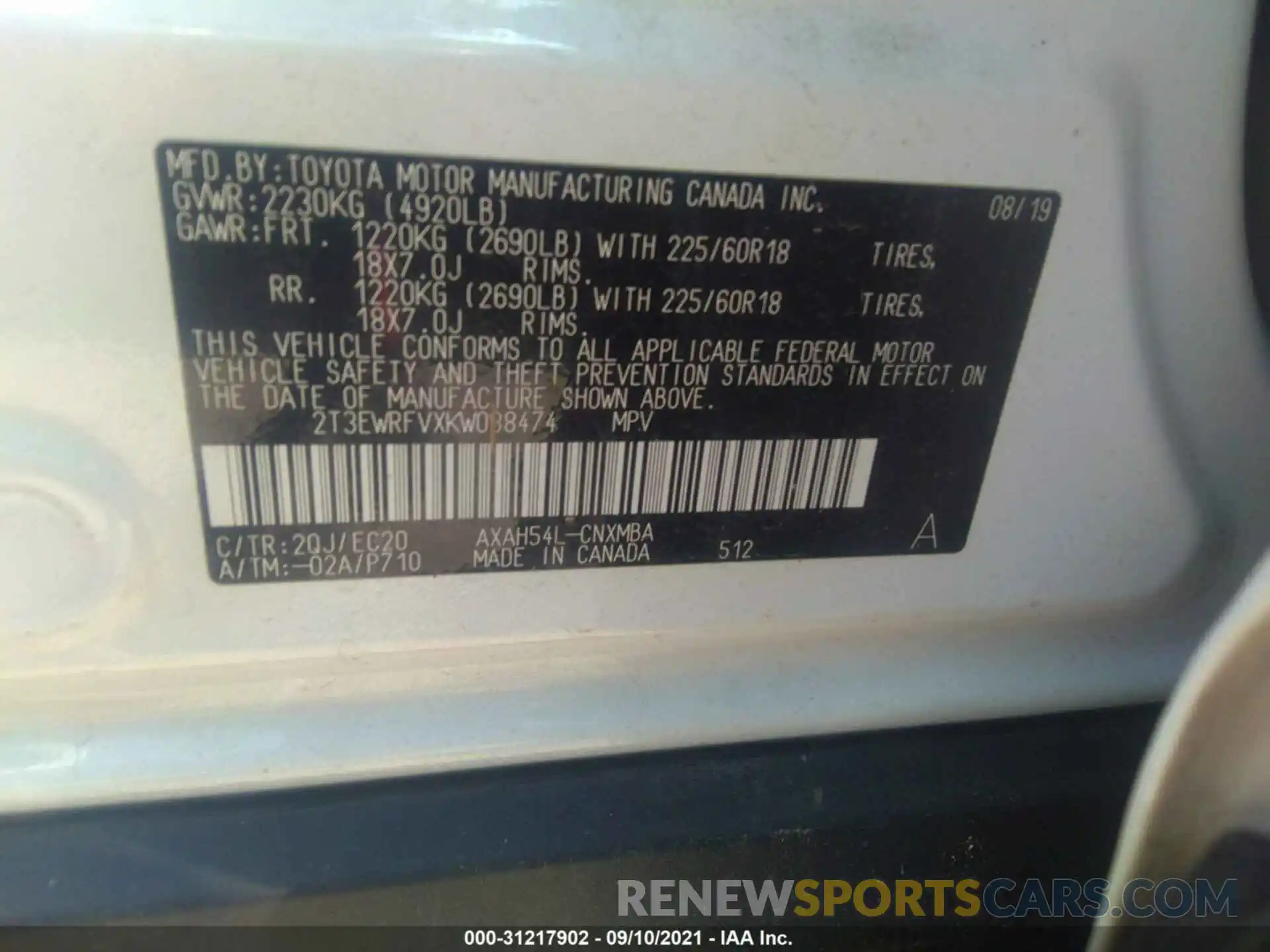 9 Фотография поврежденного автомобиля 2T3EWRFVXKW038474 TOYOTA RAV4 2019