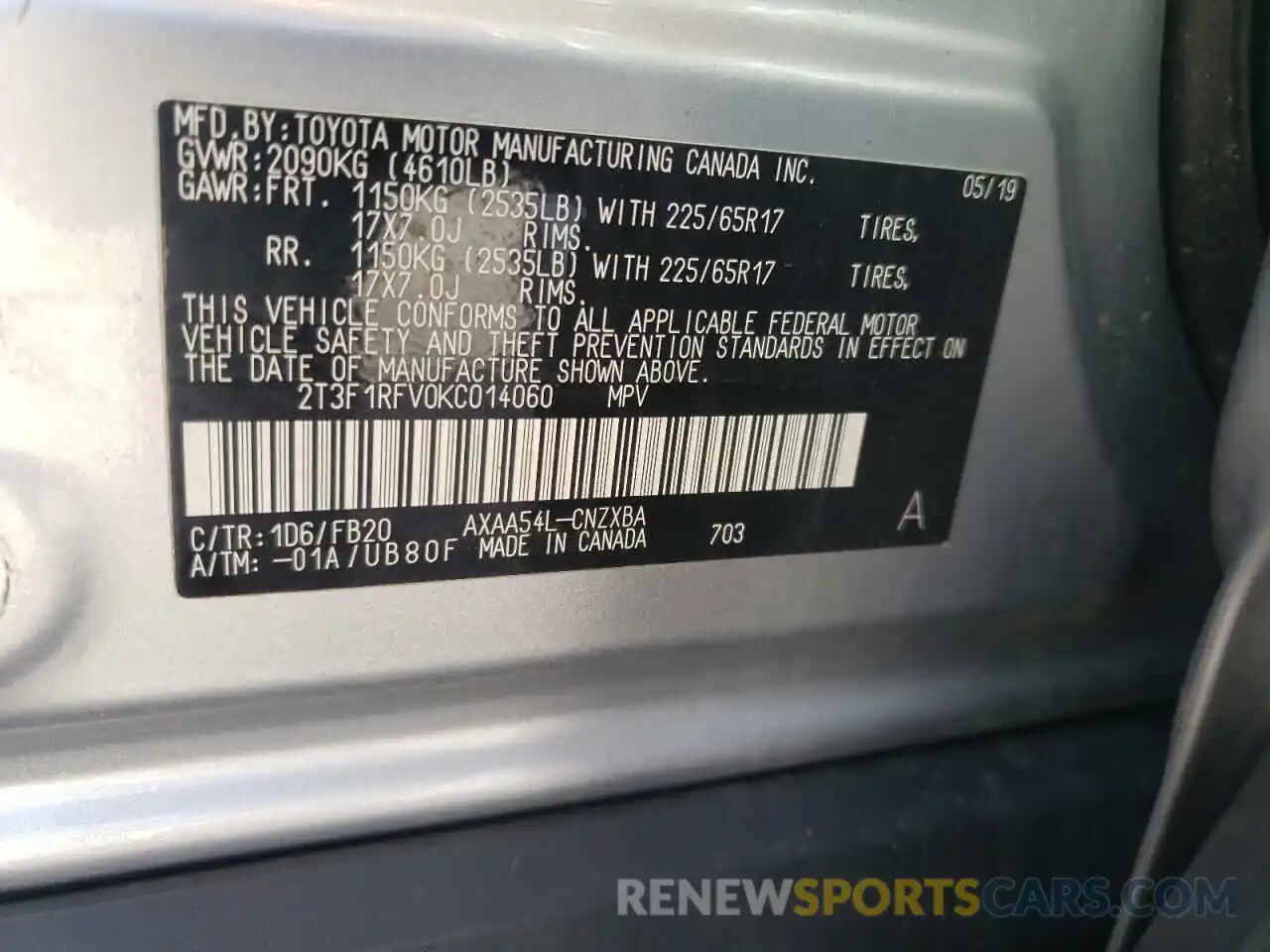 10 Photograph of a damaged car 2T3F1RFV0KC014060 TOYOTA RAV4 2019