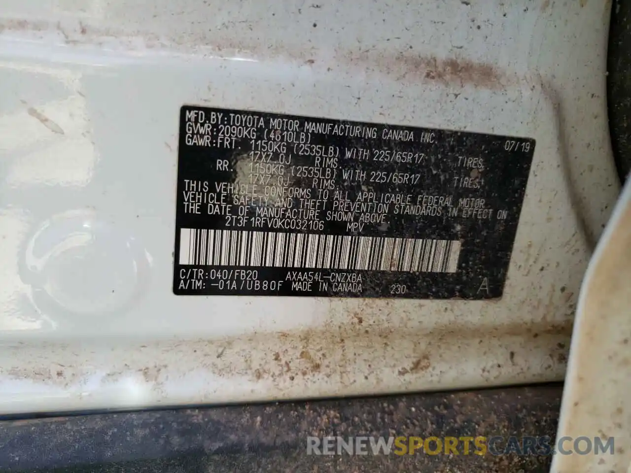 10 Photograph of a damaged car 2T3F1RFV0KC032106 TOYOTA RAV4 2019