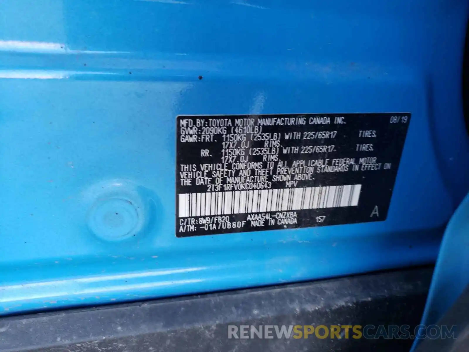 10 Photograph of a damaged car 2T3F1RFV0KC040643 TOYOTA RAV4 2019