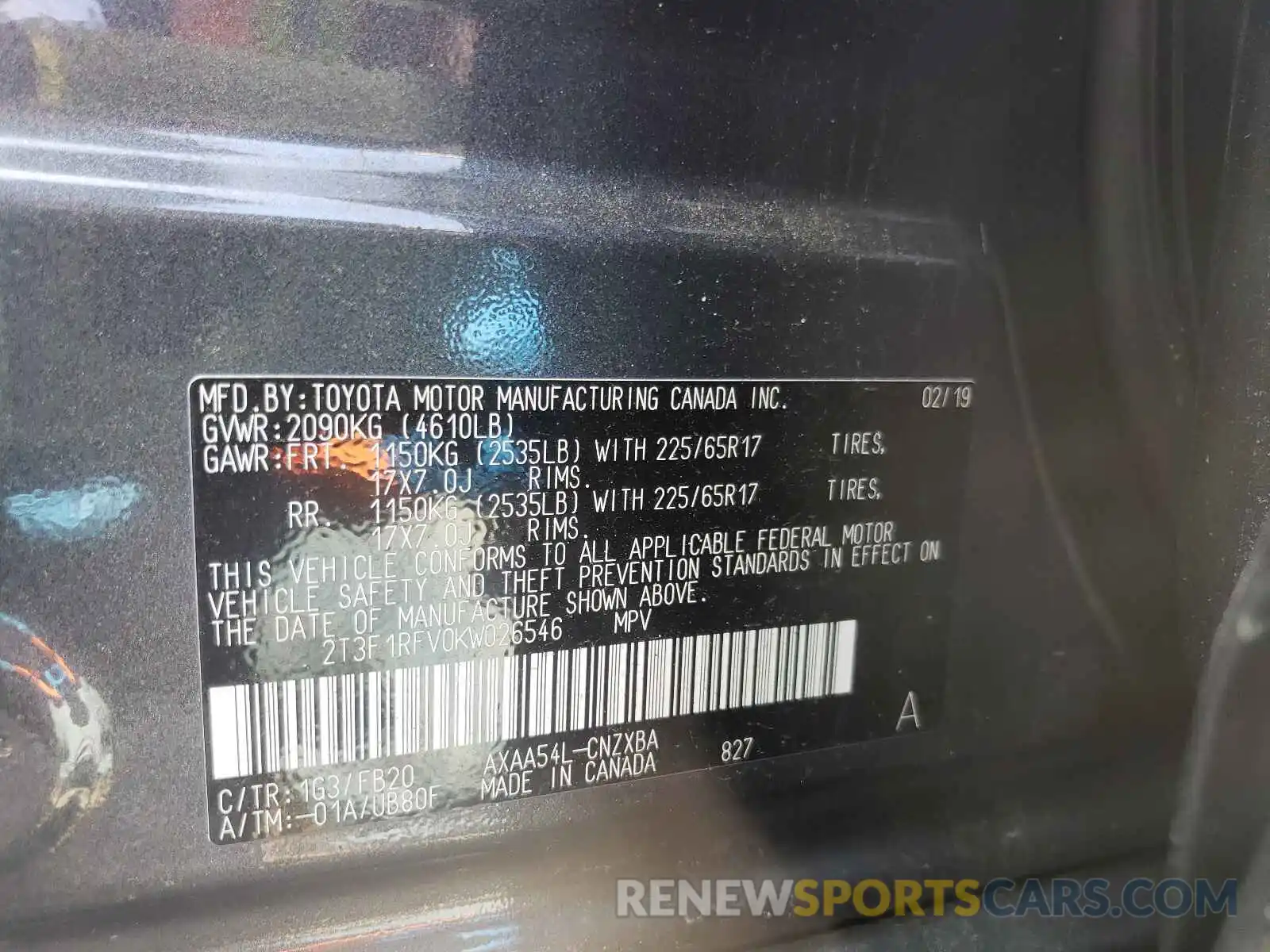 10 Photograph of a damaged car 2T3F1RFV0KW026546 TOYOTA RAV4 2019