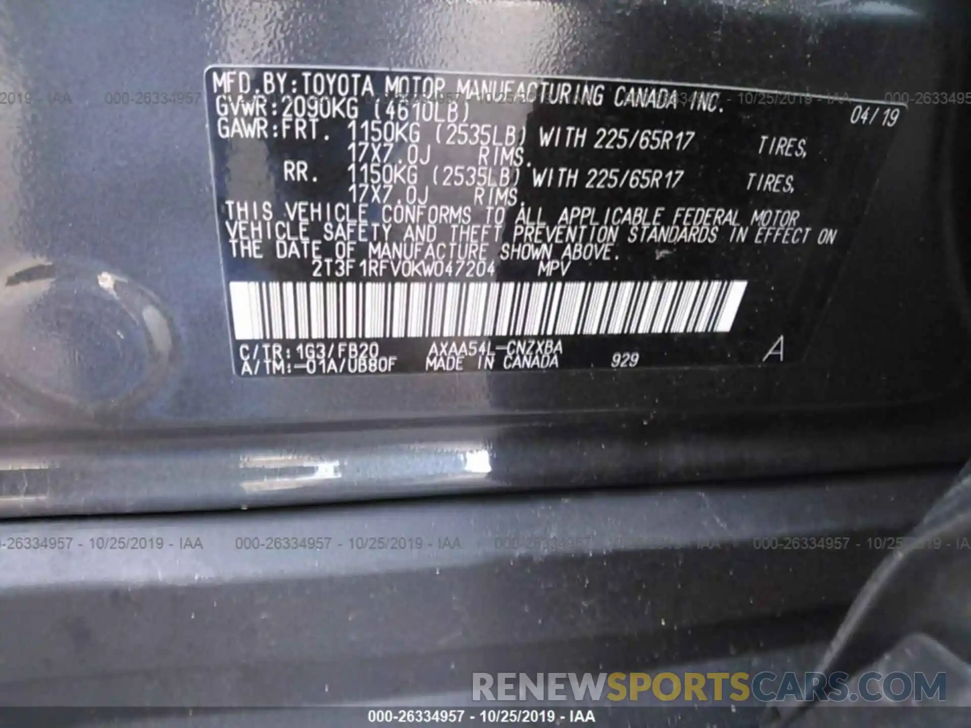 9 Photograph of a damaged car 2T3F1RFV0KW047204 TOYOTA RAV4 2019