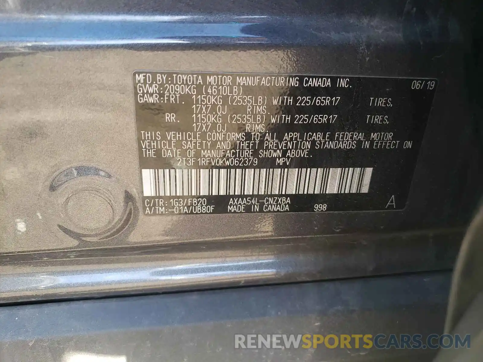 10 Photograph of a damaged car 2T3F1RFV0KW062379 TOYOTA RAV4 2019