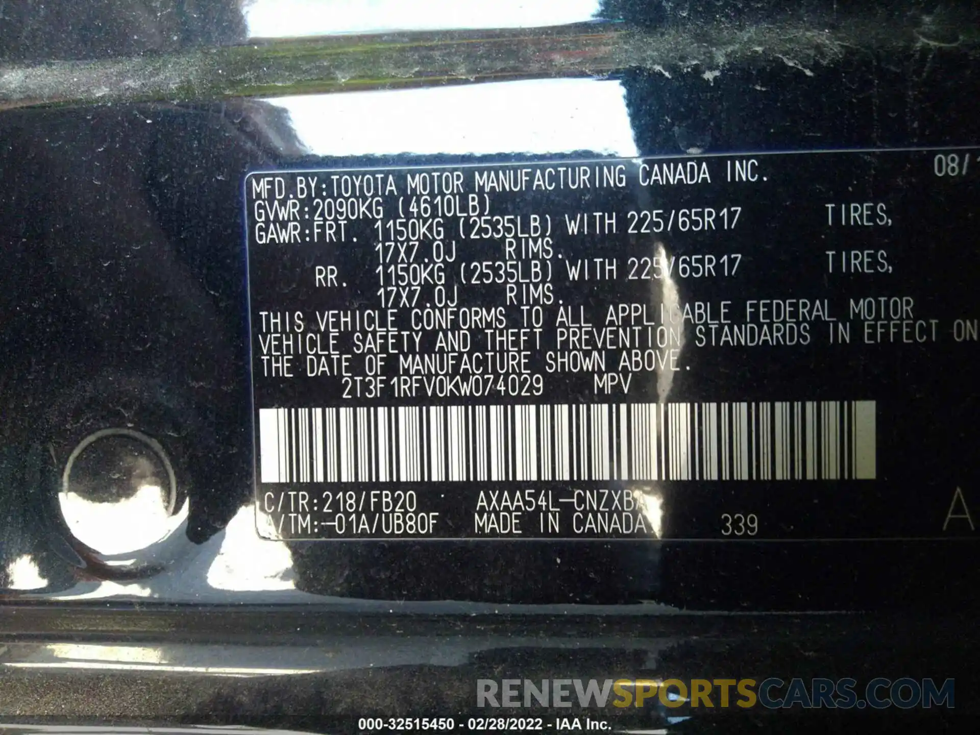 9 Photograph of a damaged car 2T3F1RFV0KW074029 TOYOTA RAV4 2019