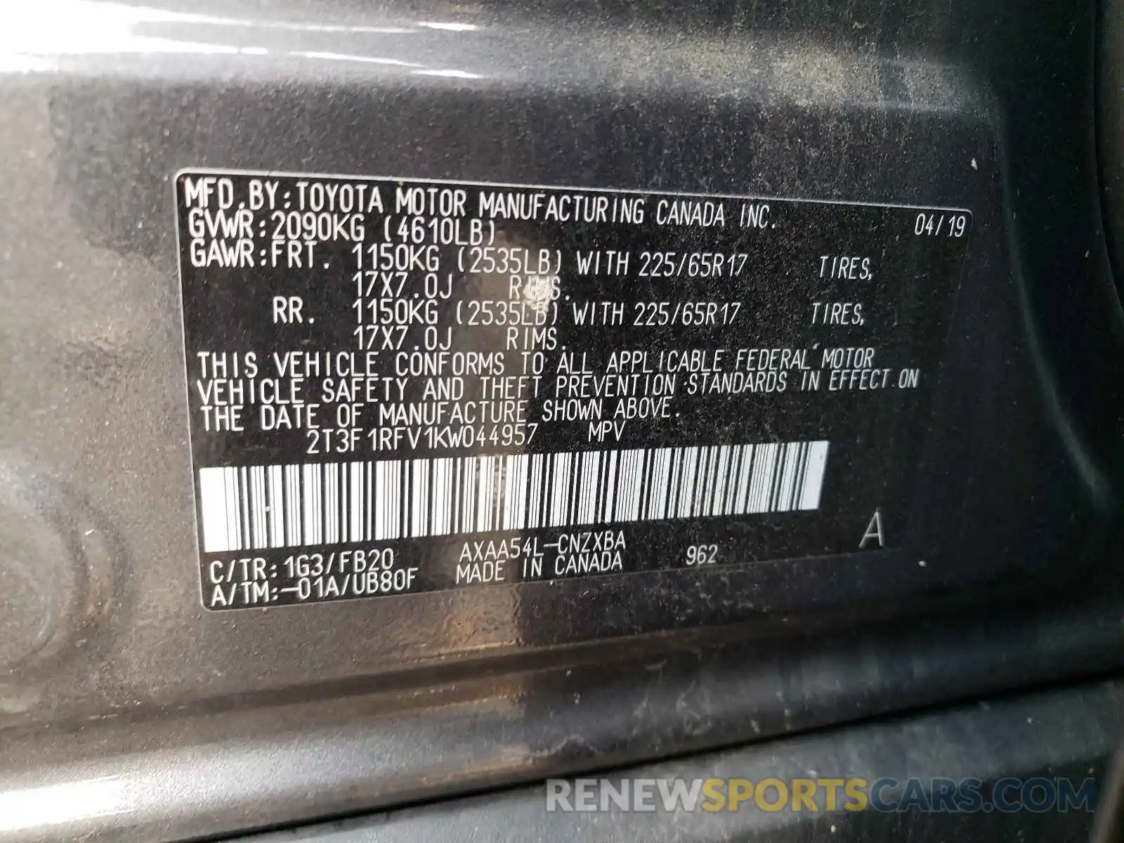 10 Photograph of a damaged car 2T3F1RFV1KW044957 TOYOTA RAV4 2019