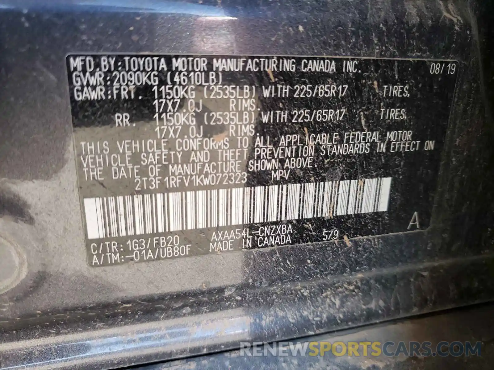 10 Photograph of a damaged car 2T3F1RFV1KW072323 TOYOTA RAV4 2019