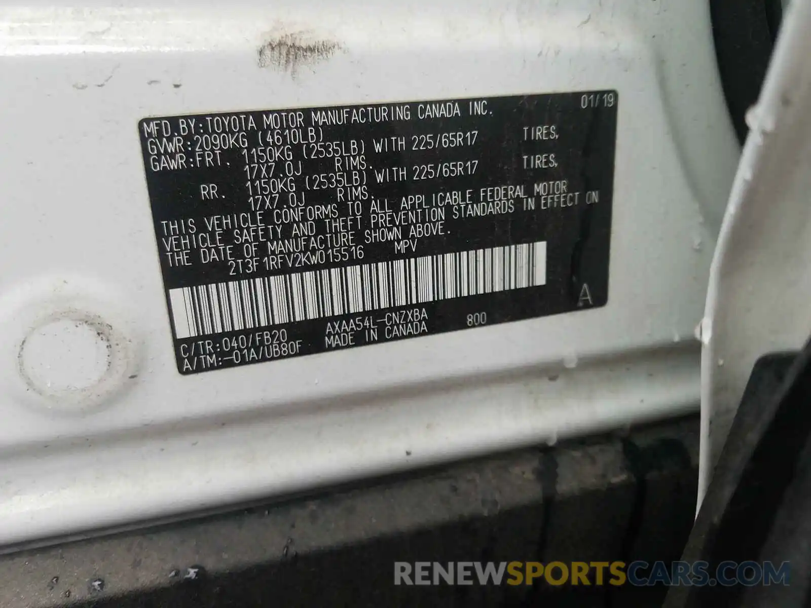 10 Photograph of a damaged car 2T3F1RFV2KW015516 TOYOTA RAV4 2019