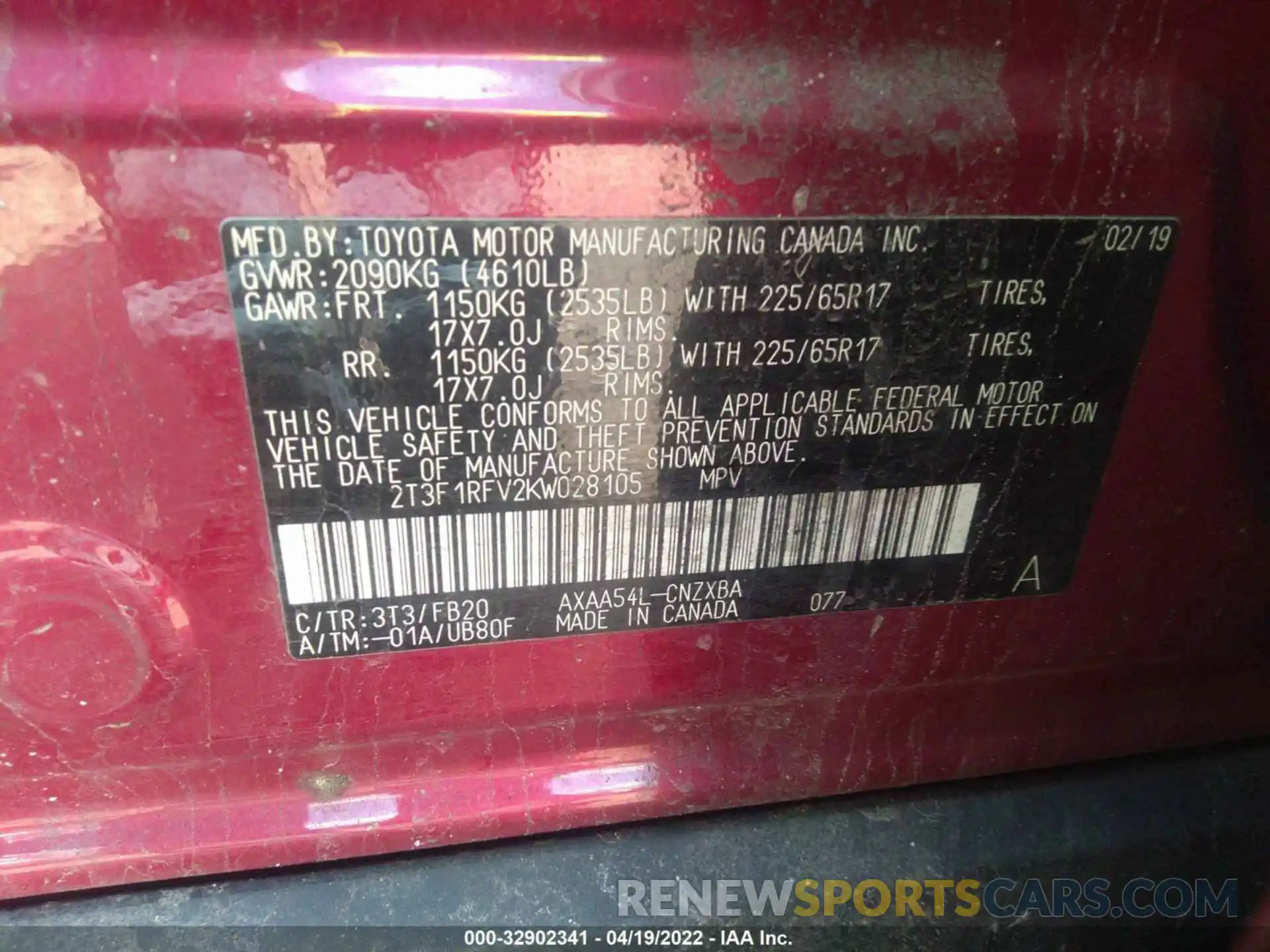 9 Photograph of a damaged car 2T3F1RFV2KW028105 TOYOTA RAV4 2019