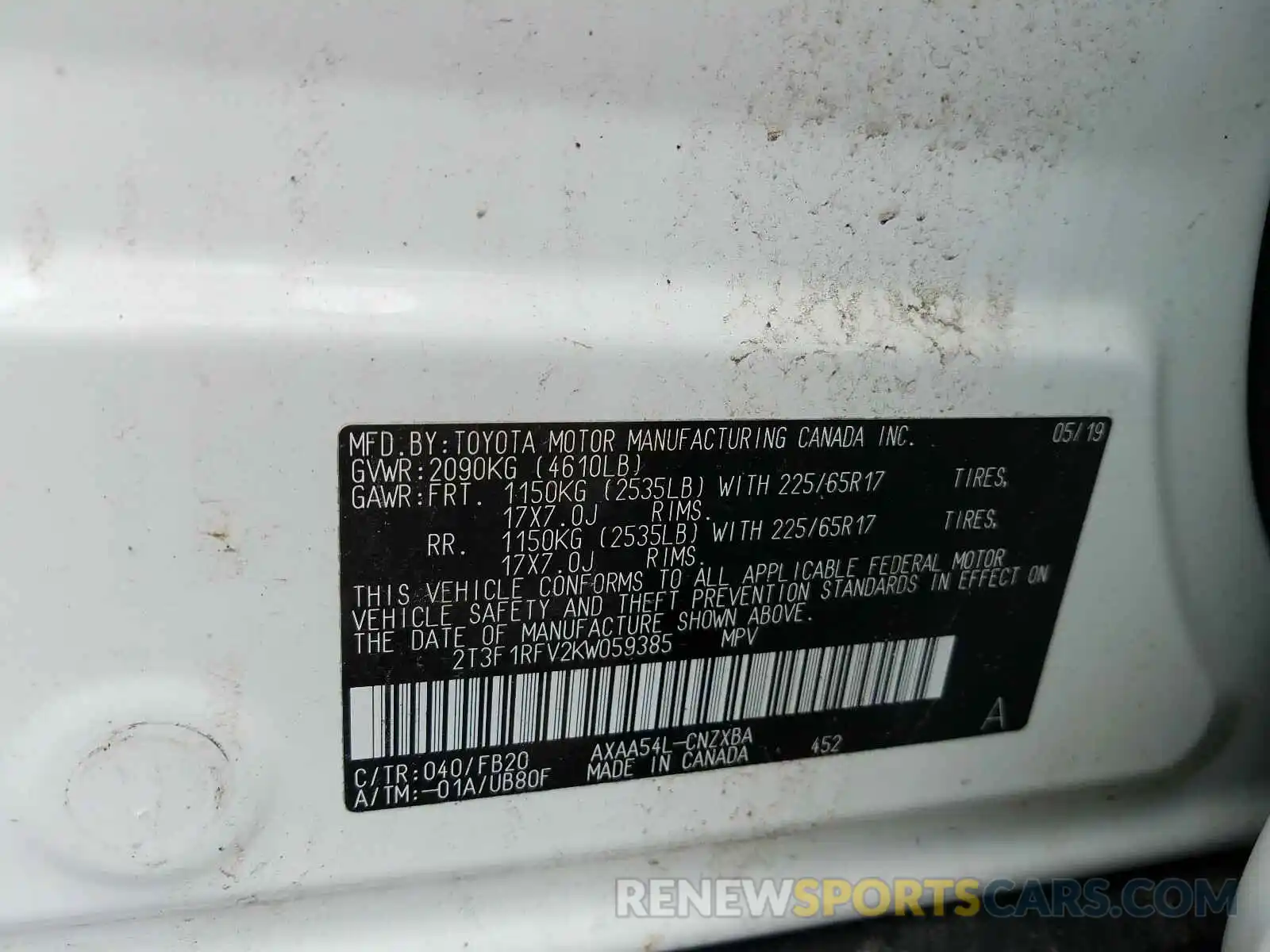 10 Photograph of a damaged car 2T3F1RFV2KW059385 TOYOTA RAV4 2019