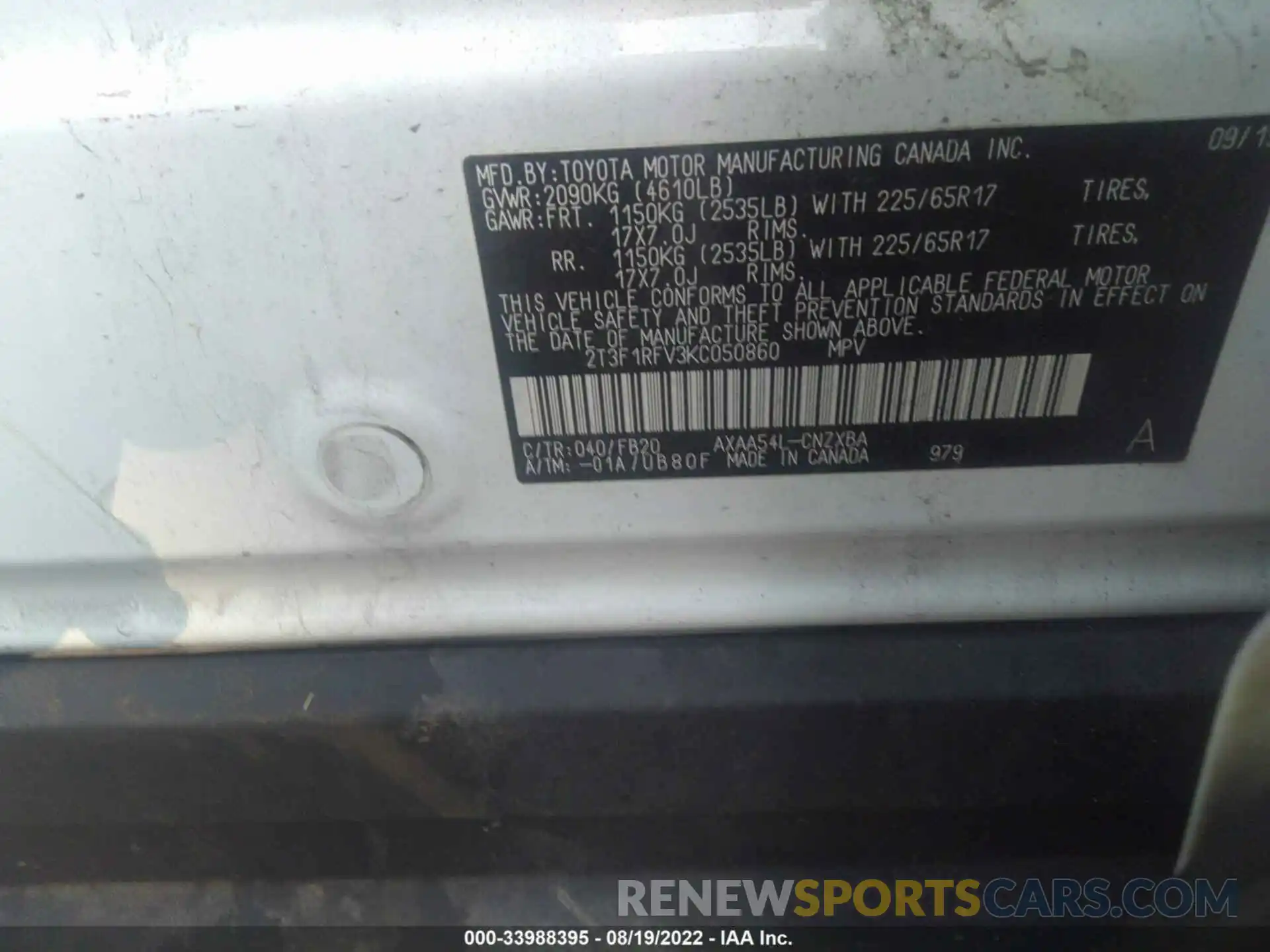 9 Photograph of a damaged car 2T3F1RFV3KC050860 TOYOTA RAV4 2019