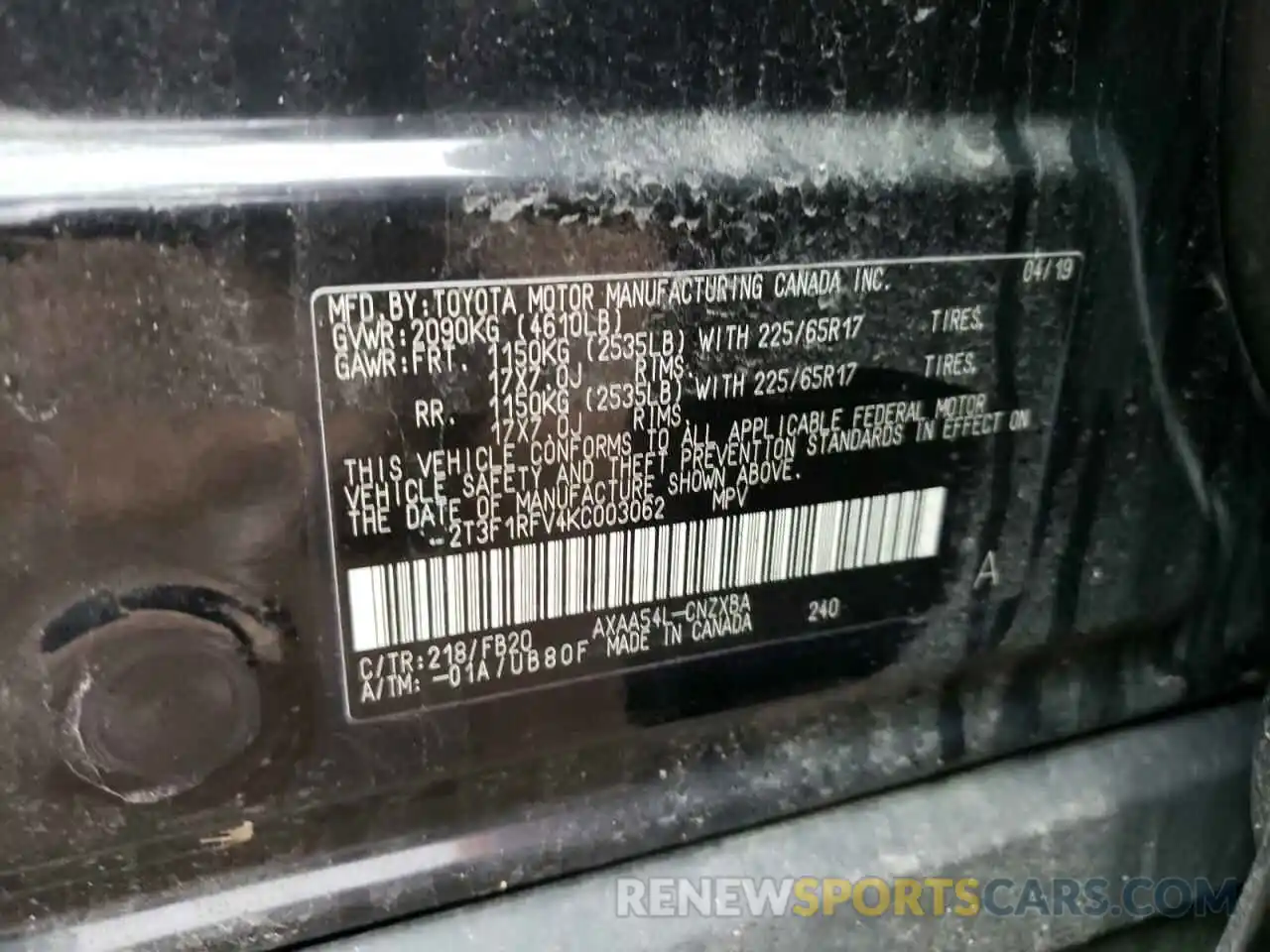 10 Photograph of a damaged car 2T3F1RFV4KC003062 TOYOTA RAV4 2019