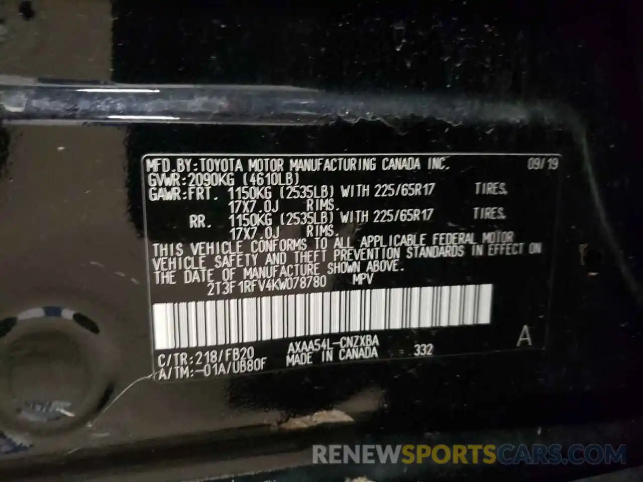 10 Photograph of a damaged car 2T3F1RFV4KW078780 TOYOTA RAV4 2019