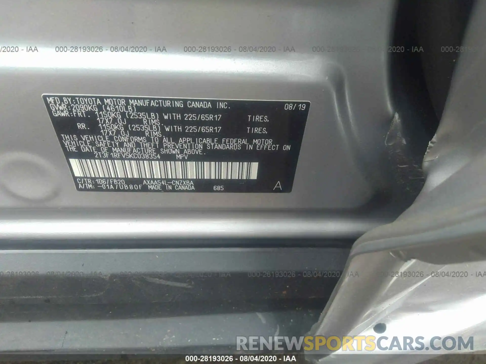 9 Photograph of a damaged car 2T3F1RFV5KC038354 TOYOTA RAV4 2019