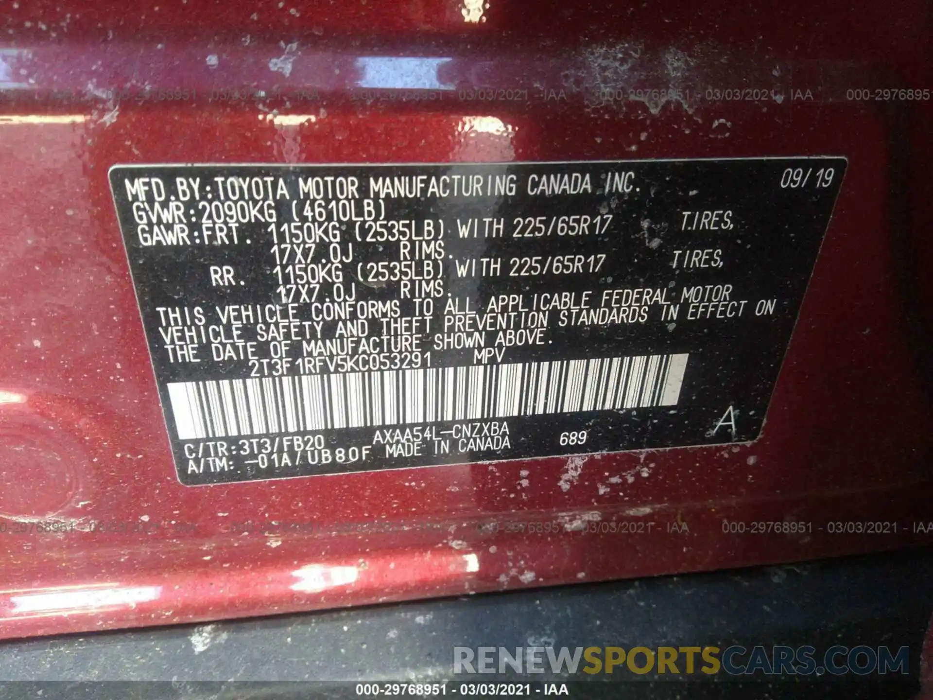 9 Photograph of a damaged car 2T3F1RFV5KC053291 TOYOTA RAV4 2019