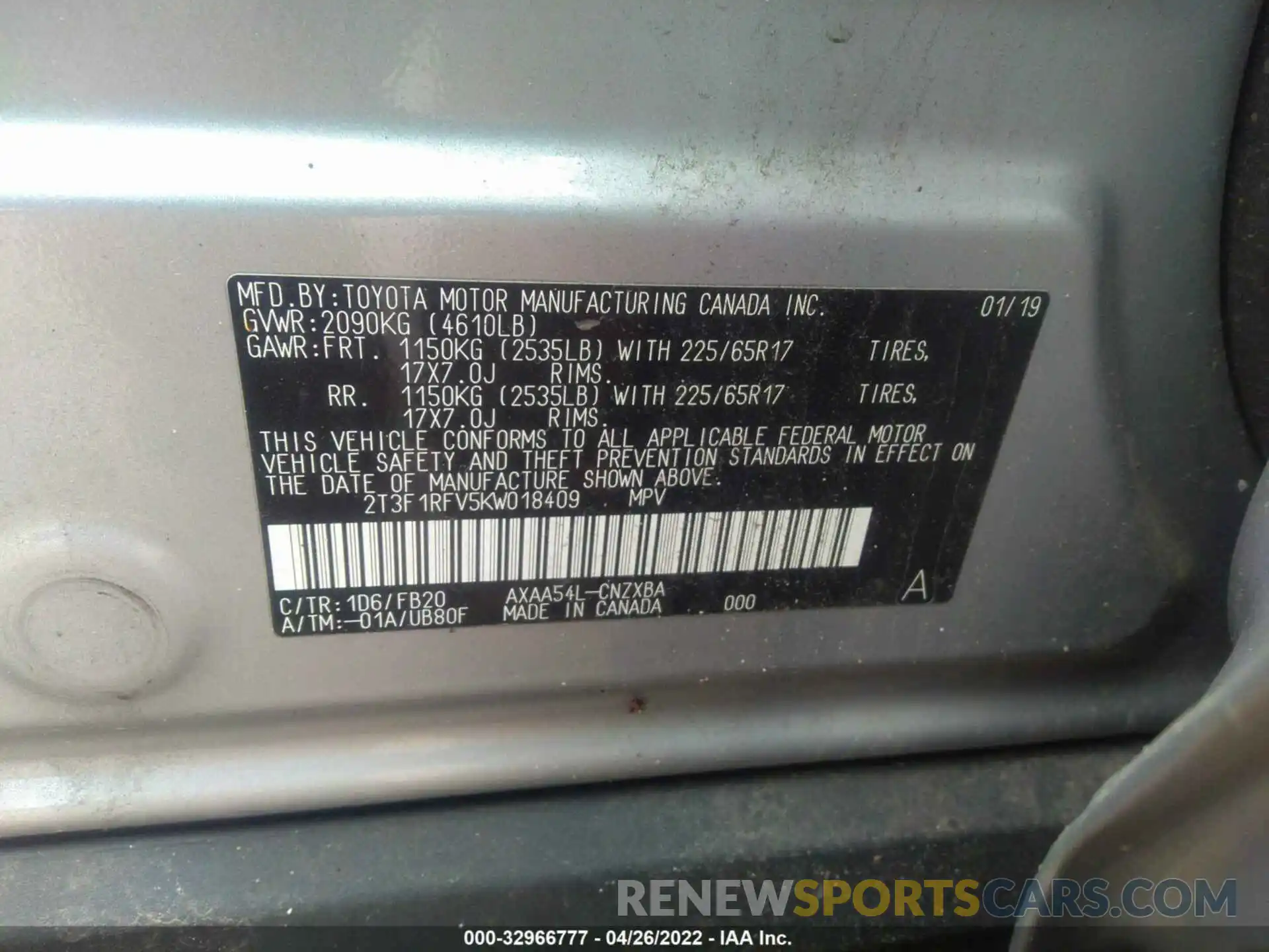 9 Photograph of a damaged car 2T3F1RFV5KW018409 TOYOTA RAV4 2019