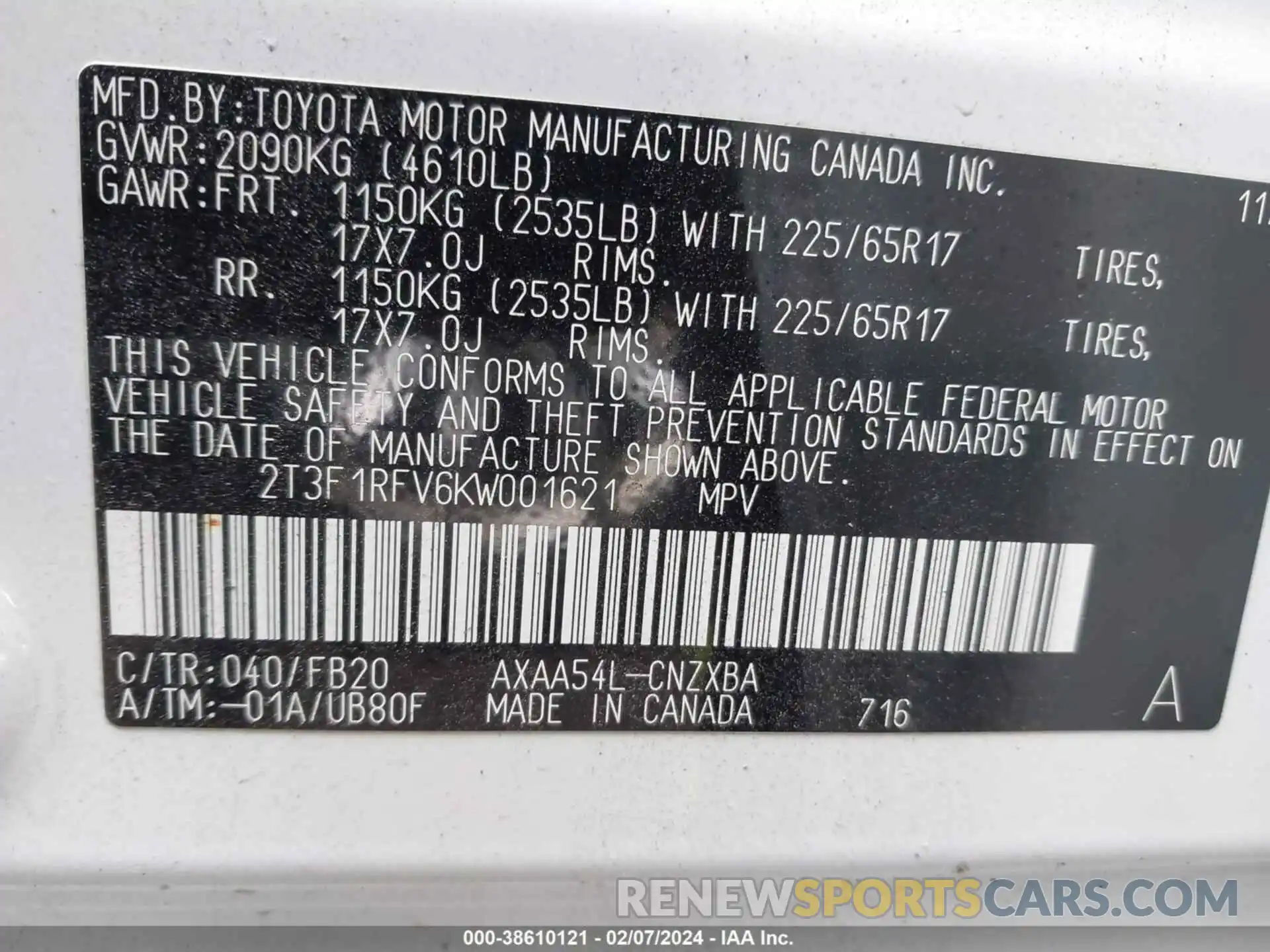 9 Photograph of a damaged car 2T3F1RFV6KW001621 TOYOTA RAV4 2019