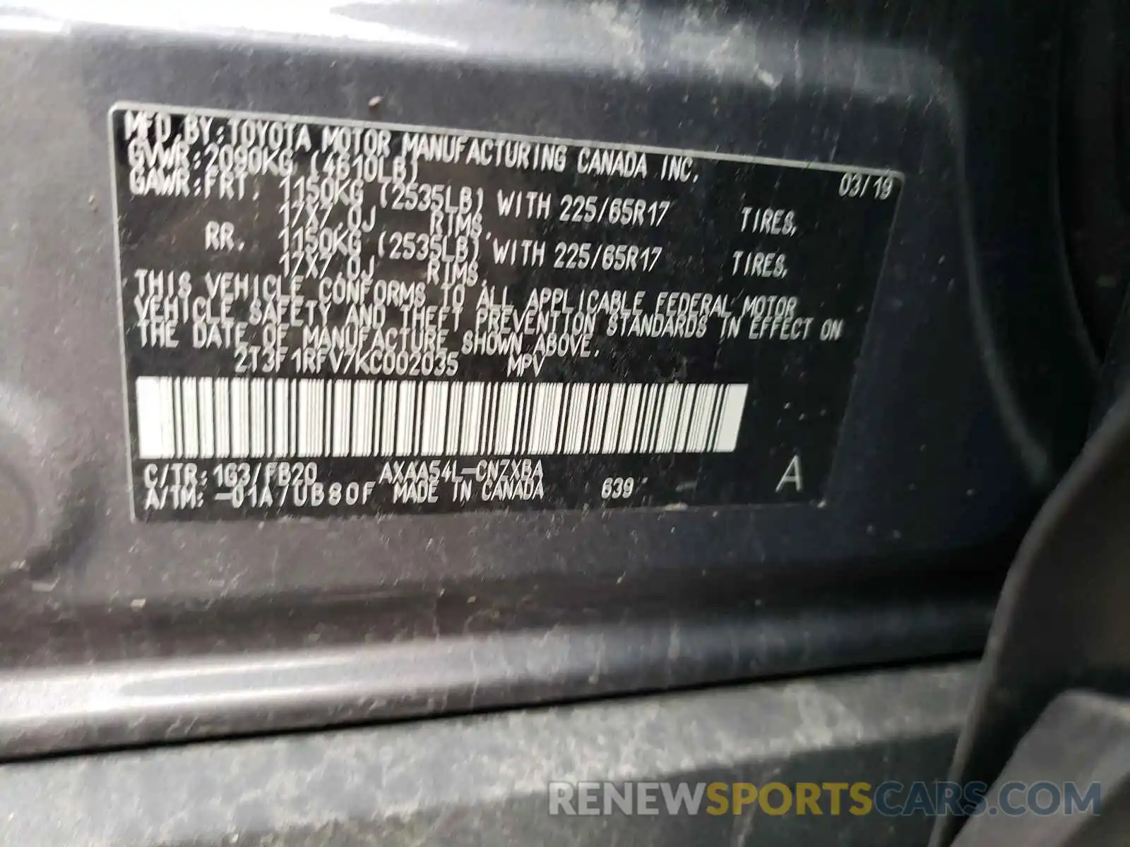 10 Photograph of a damaged car 2T3F1RFV7KC002035 TOYOTA RAV4 2019