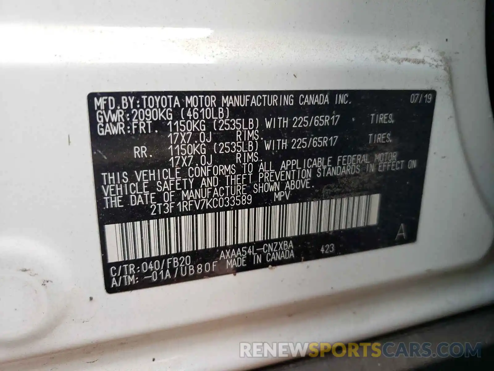 10 Photograph of a damaged car 2T3F1RFV7KC033589 TOYOTA RAV4 2019